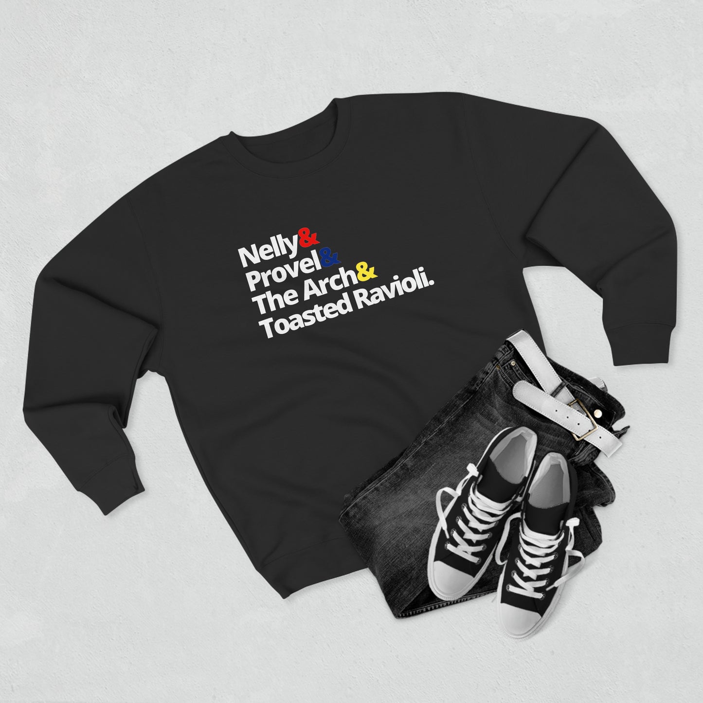 St Louis Famous Mens Womens Premium Crewneck Sweatshirt, Nelly and Provel and The Arch and Toasted Ravioli