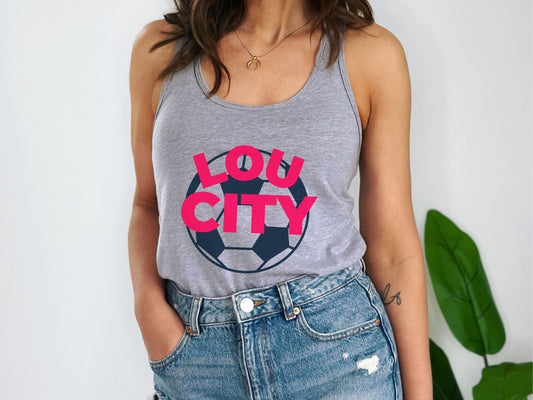 St Louis Soccer Fan "Lou City" Womens Racerback Tank Top, navy and red