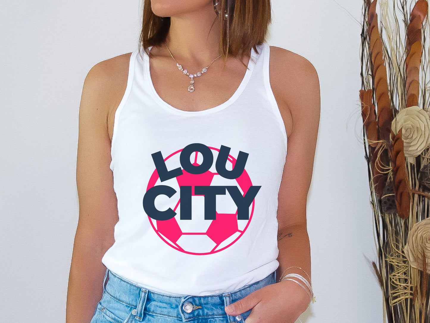 St Louis Soccer Fan "Lou City" Womens Racerback Tank Top, red and navy