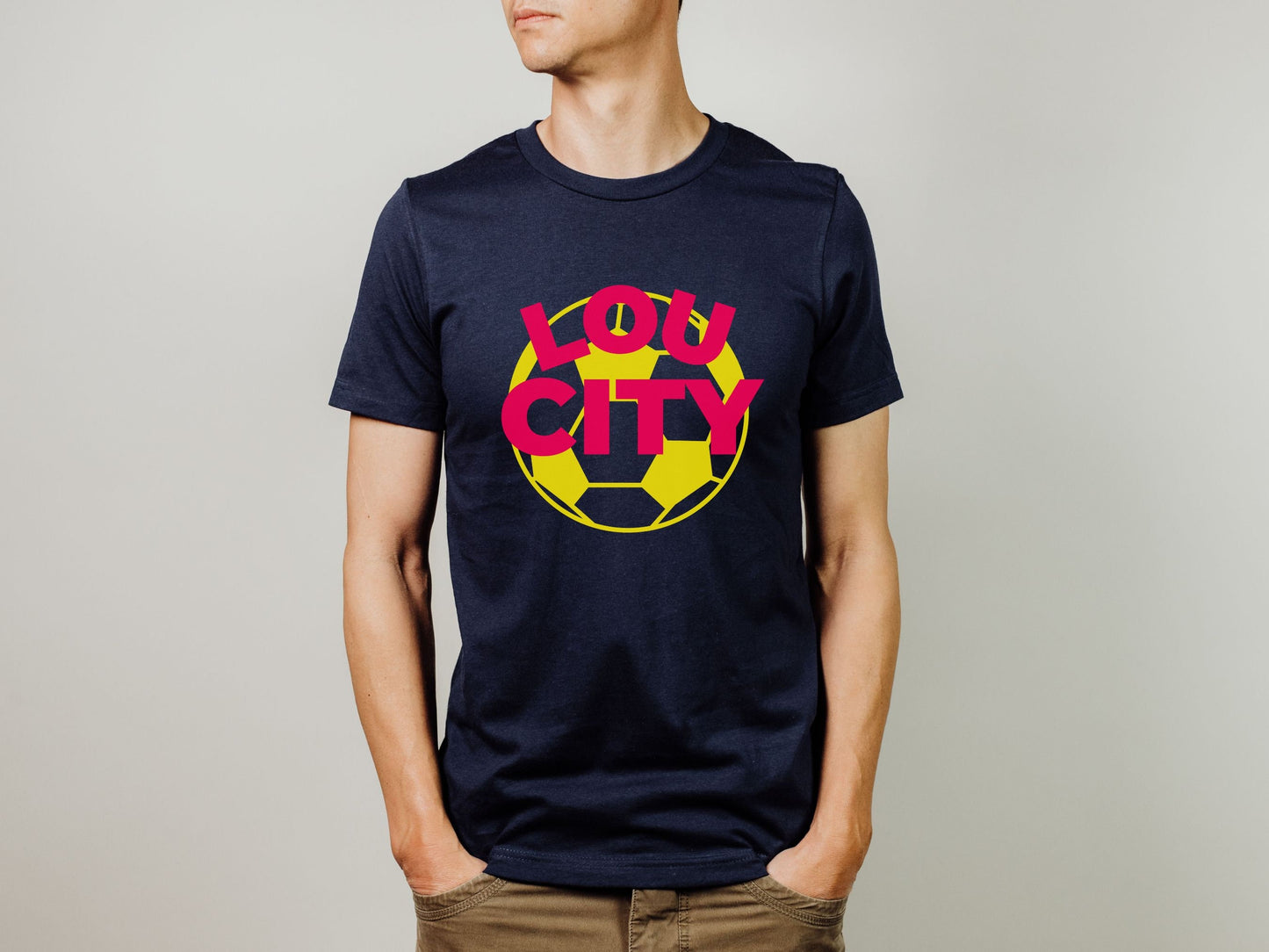 St Louis Soccer Fan "Lou City" Mens Tee, yellow and red